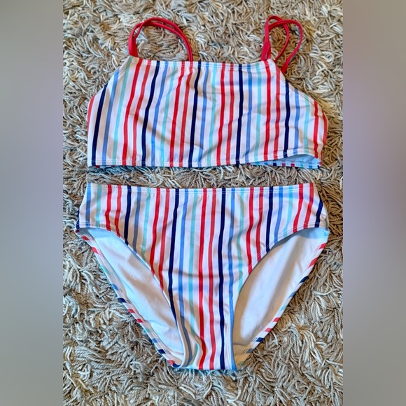 Art Class Girls Striped Bikini Set with White Rash Guard - Red Blue, Pink XXL 18 - Picture 2 of 5